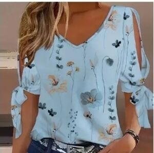 Floral V-Neck Women Top - Blue